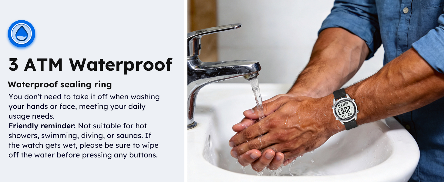 Text reads '3 ATM Waterproof'. Demonstration of waterproof sealing test with hands under running water, showing product's water resistance capabilities.