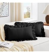 KKJIAF Black Lumbar Pillow Covers 12x20 Inch Set of 2, Microfiber Ruffled Pillow Shams, Ruffle Eu...