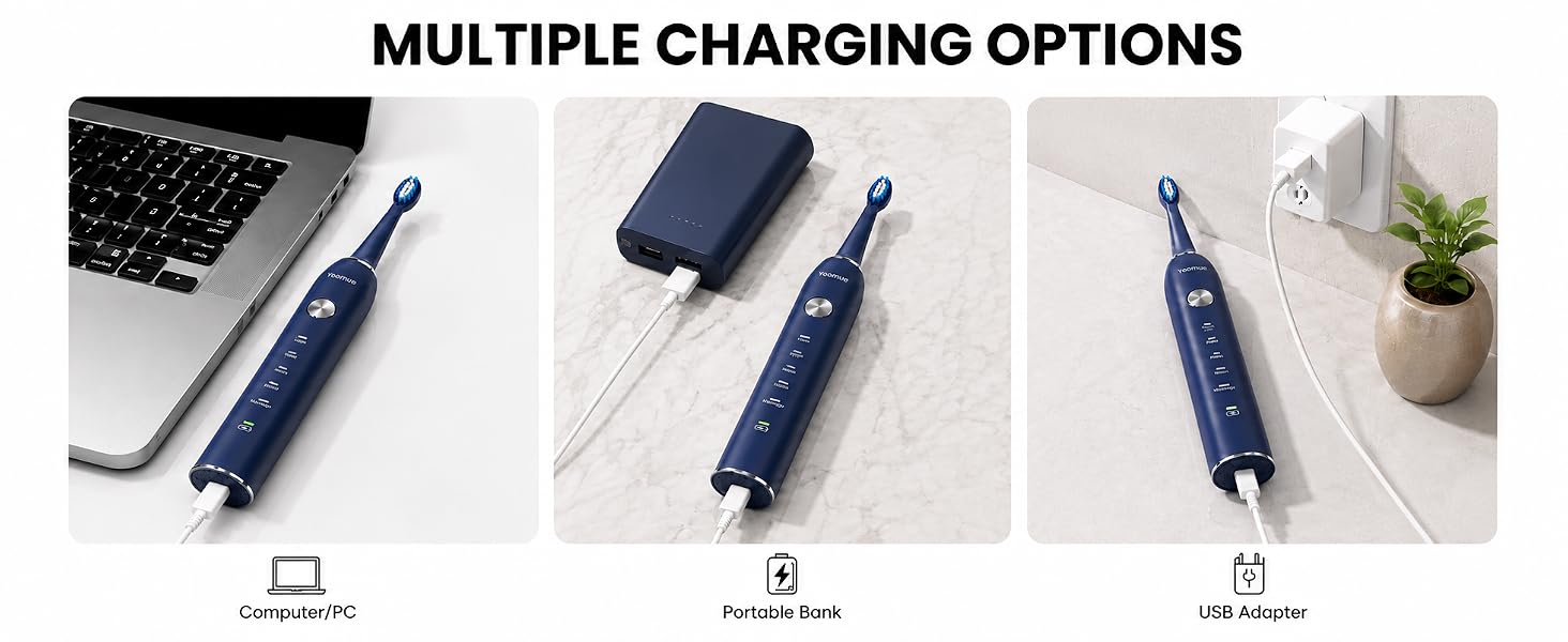 Text reads "MULTIPLE CHARGING OPTIONS." Three dark blue pens displayed with different charging methods: laptop connection, wall adapter, and car charger setup.