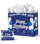 WNINK Blue Silver Birthday Gift Bag with Tissue Paper Set, Large Happy Birthday Wrapping Gift Bag...