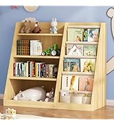 EXPERLAM Kids Bookshelf and Toy Storage Organizer, 4 Tier Wooden Kids Book Shelf with Sling Book ...
