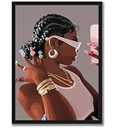 Wood Framed Black Girl Wall Art, African American Woman Canvas Wall Decor Painting, Modern Fashio...
