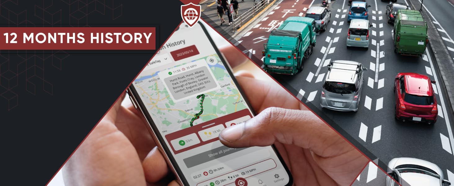 Hand holding smartphone displaying map and vehicle history. Background shows traffic on multi-lane road. Text mentions '12 MONTHS HISTORY'.