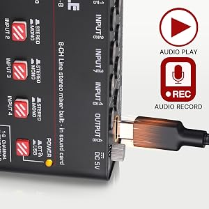 8-Channel Wireless BT Streaming Mini Line Mixer with USB Audio Interface