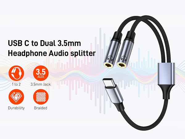 USB C to Dual 3.5mm Female Headphone Splitter