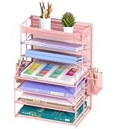 handimp Pink 7 Tier Desk File Organizer, Metal Letter Tray Paper Organizer with Pull-Out Drawer, ...