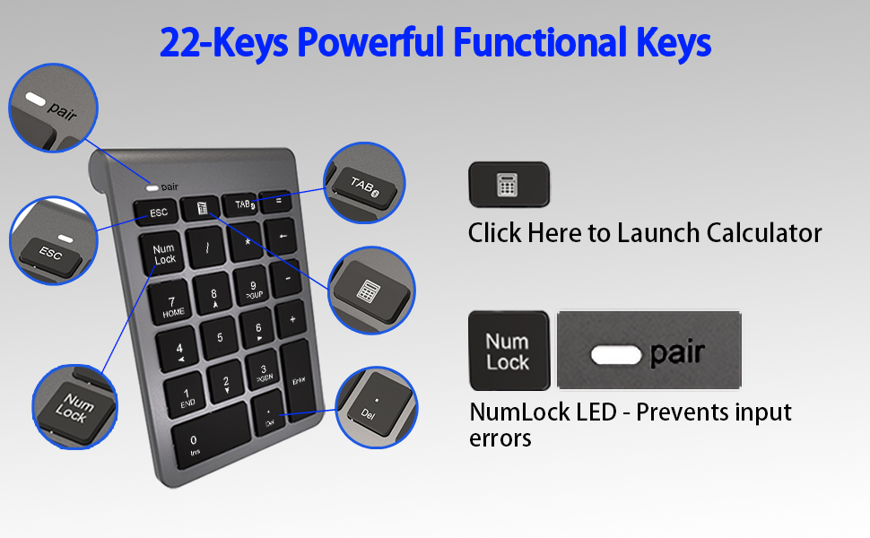 Text reads '22-Keys Powerful Functional Keys' and 'Click Here to Launch Calculator', 'NumLock LED - Prevents Input Error'. Black numeric keypad with illuminated keys and function indicators.