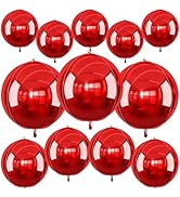 12Pcs Red Round Foil Balloons, 22" 15" 10" 4D Ball Balloons, Metallic Red Foil Balloon for Weddin...