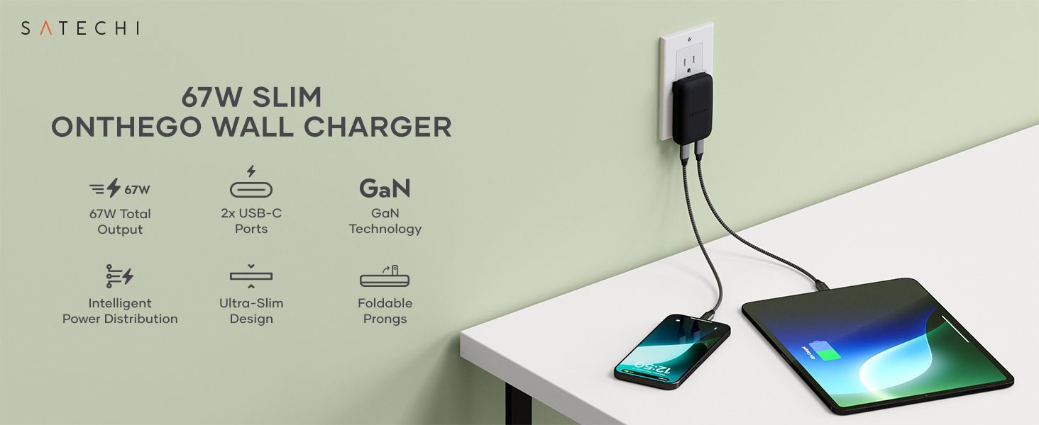 Satechi OntheGo 67W Wall Charger, GaN USB C Travel Charger with 2 USB-C PD Fast Charging Ports