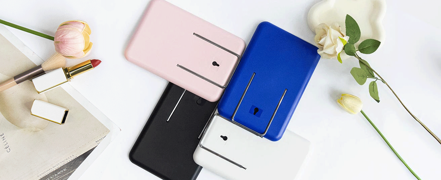 Collection of minimalist wallets or card holders shown in various colors including white, black, and blue, displayed with decorative floral elements against pale backgrounds.