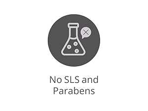 Text reads 'No SLS and Parabens'. Flask icon with prohibited symbol in dark gray circle on white background.