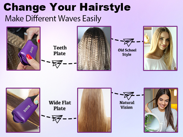 Text reads 'Change Your Hairstyle' and 'Make Different Waves Easily'. Tutorial showing hair styling options with wide flat plate and natural waves, demonstrated through multiple product use images.