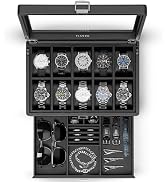 Vlando Watch Box 10 Slots, Lockable Watch Case with Textured Leather, 2 Layer Watch Holder for Ri...