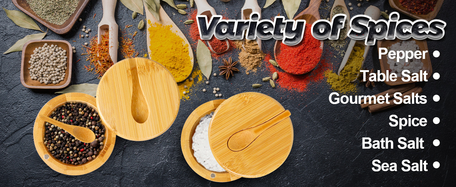 Bamboo Salt Cellar Spice Box with Swivel Lid Spoon Storage Box Salt Container to Storage Pepper