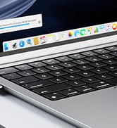 Partial view of a laptop keyboard with silver keys and a black bezel. The top of the screen shows a browser tab and application icons in the menu bar.