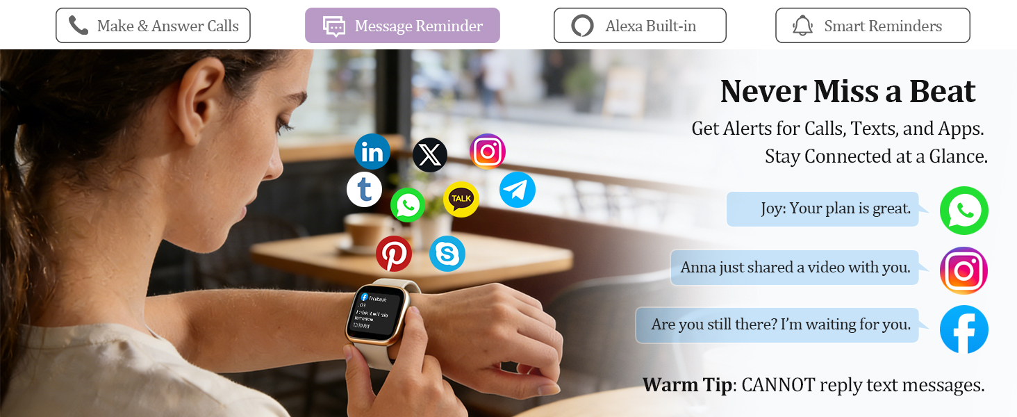 Text reads: 'Never Miss a Beat'. Marketing image showing social media icons and interface elements with messaging and notification symbols.