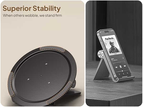 Split image showing circular black device base and phone stand with 'Superior Stability' text, displaying a music player interface.