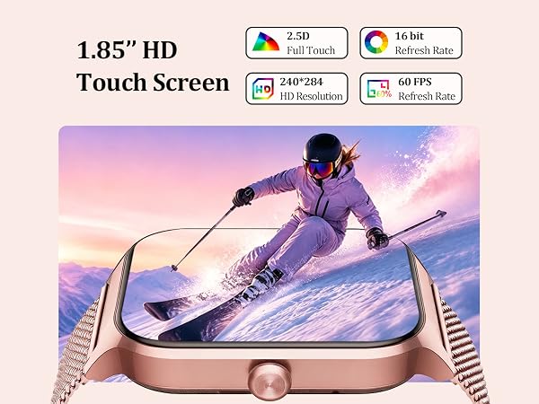 Text reads '1.85" HD Touch Screen' with specifications '2.5D', '16bit', '240*283', '60 FPS'. Smart watch displaying ski/snowboard action scene on screen with colorful gradient background.