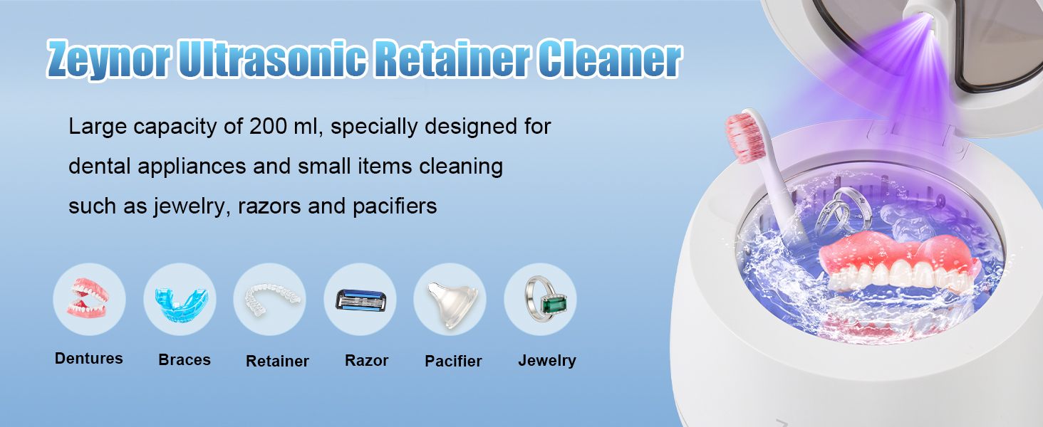 Ultrasonic cleaner showing 45kHz UV cleaning of dentures, retainers, razors, pacifiers, and jewelry