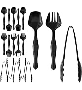 18 Pcs Black Plastic Serving Utensils - 6 Black Plastic Serving Spoons - 6 Black Plastic Tongs Fo...
