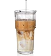 AUFXKOO 20oz Ribbed Glass Cups with Lids and Straw,1PCS Glass Tumbler with Straw and Lid,Vintage ...