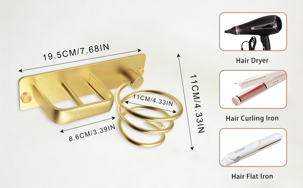 Product diagram showing gold-colored mounting bracket with measurements: '19.5CM/7.68IN', '11CM/4.33IN', '8.8CM/3.38IN'. Side panel shows 'Hair Dryer', 'Hair Curling Iron', and 'Hair Flat Iron' with product images.