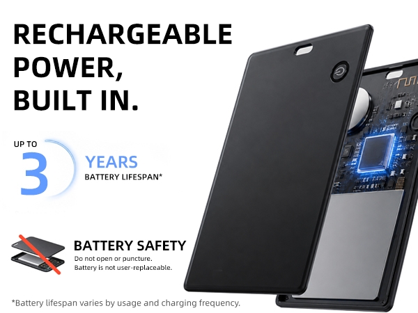 UQO rechargeable card tracker with up to 3-year battery lifespan and built-in battery