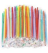 500PCS Flexible Disposable Plastic Drinking Straws, Individual Package 10.2 Inches Colorful Extra...
