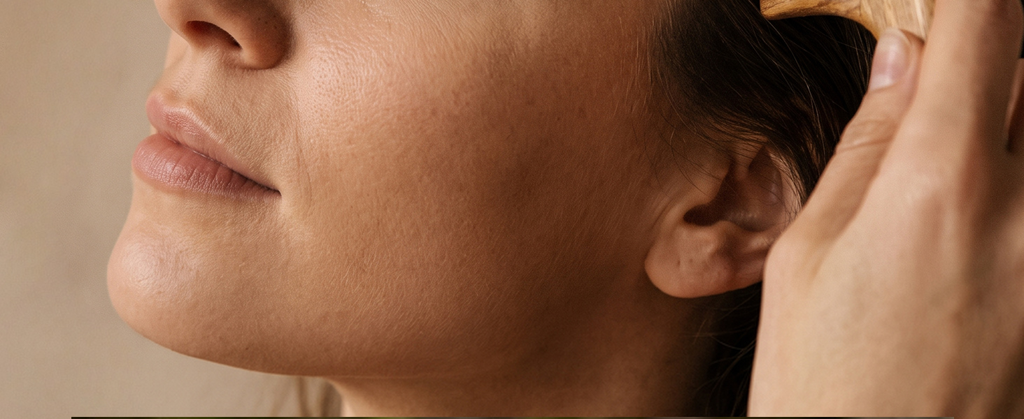 Person using a natural wooden wide-tooth comb to gently comb the scalp and hair.