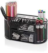 Comix Mesh Pen Pencil Holder Desk Organizer, 8 Compartment and 1 Drawer Wire Desktop Pen Pencil C...