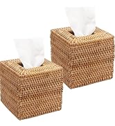 2 Pack Rattan Tissue Box Cover Square, Wicker Tissue Box Holder, Decorative Woven Facial Tissue H...
