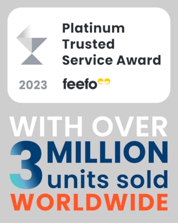 Feefo Platinum Trusted Service Award 2023 logo. Text states 'WITH OVER 3 MILLION units sold WORLDWIDE' in blue, white, and orange.