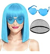 PLULON Short Light Blue Straight Bob Wig with Bangs Shoulder Length Heat Resistant Synthetic Hair...
