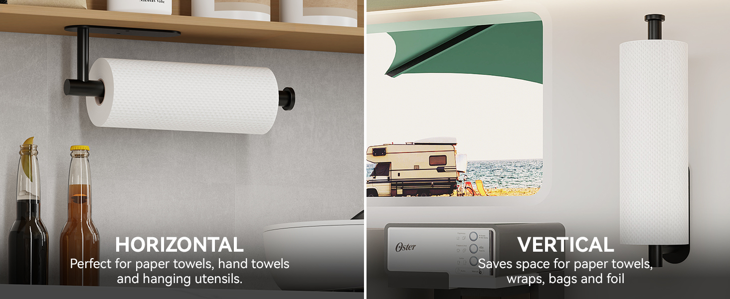Black paper towel holder shown in horizontal under cabinet and vertical wall mount orientations