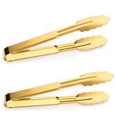 2-Pack 9 Inch Gold Serving Tongs Barbecue Food Tongs Buffet Tongs Non-slip & Easy Grip Stainless ...