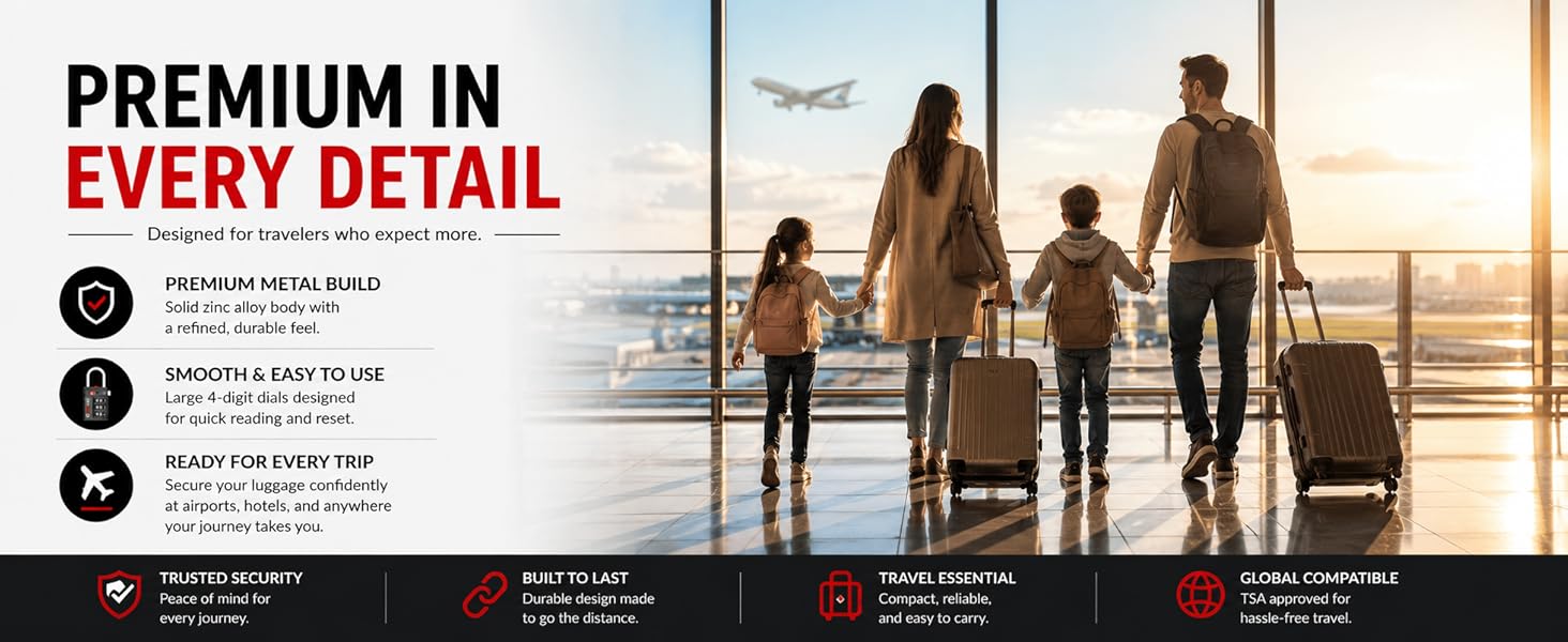 Forge TSA luggage locks lineup wit travel locks, and luggage tags for airport travel and cruises