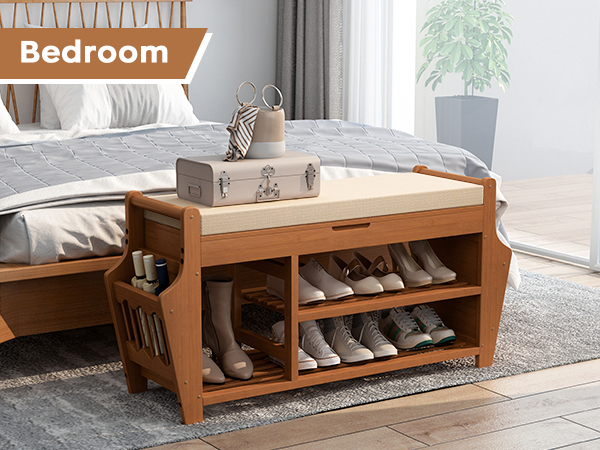 Shoe Bench with 2 Side Holder, 3 Tier Bamboo Entryway Bench with Storage