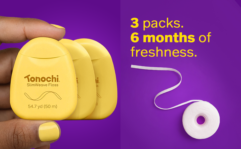 Tonochi SlimWeave Dental Floss 3-pack — long-lasting mint freshness, smooth glide for daily clean.