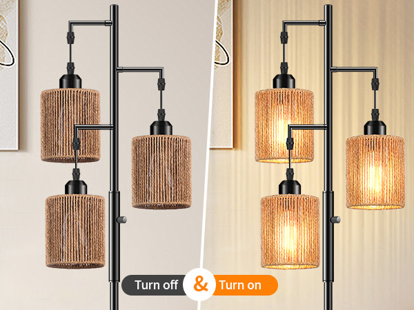 Hotsonic 72" Rattan Boho Floor Lamp, Tall Dimmable Standing Lamp with Handcrafted Brown Shad