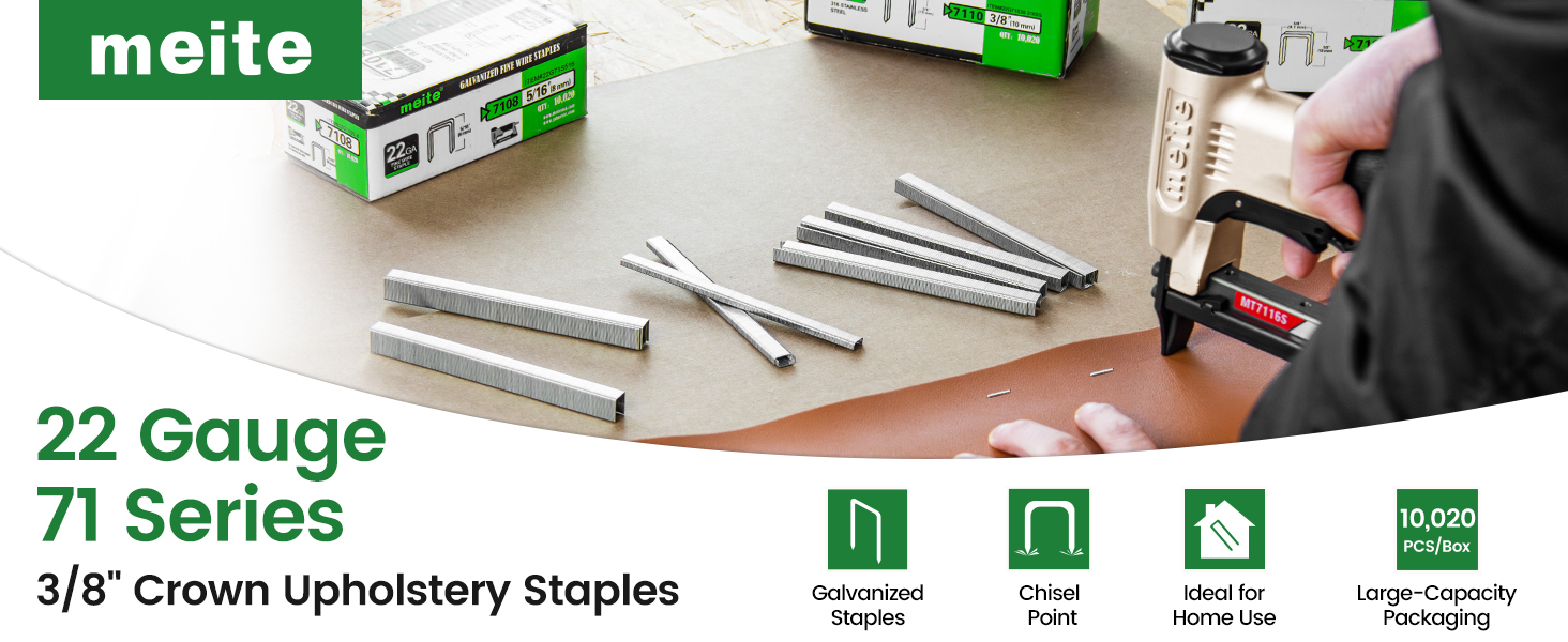 meite 22 Gauge 71 Series 3/8 Inch Crown Wide Galvanized Staples for Upholstery Stapler