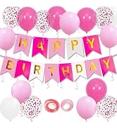 Pink Birthday Decorations, Happy Birthday Banner, 16 pcs 12 inch Balloons with 2 Ribbons for Girl...