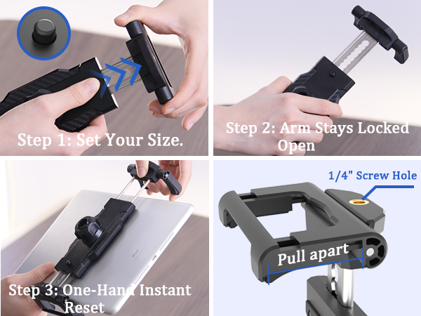 Adjustable locking arm tablet mount, instant reset iPad holder for delivery drivers.