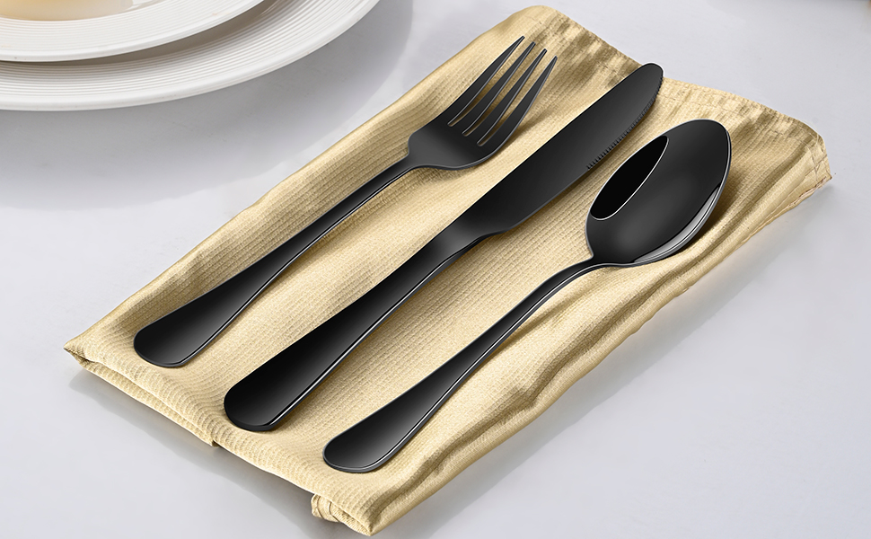 Black Shiny Flatware Spoon And Fork