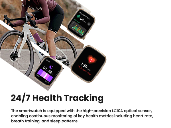 Text reads: '24/7 Health Tracking'. Product advertisement showing smartwatch screens displaying health metrics, alongside cyclist's legs on bike. Text describes LTPO optical sensor features.