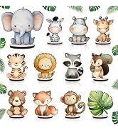 12 Pcs Safari Jungle Animals Wooden Table Centerpiece, Cute Animals Wood Sign for Tables Baby Sho...