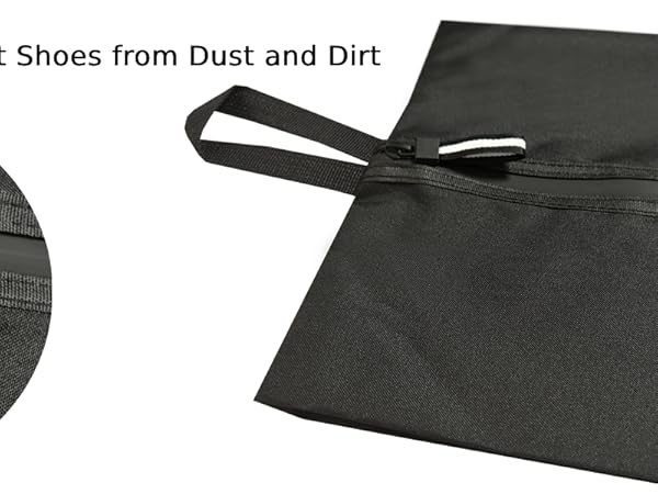 Black fabric shoe bag with smooth zipper closure and carrying loop. Close-up of zipper shows protective flap. Text indicates it protects shoes from dust and dirt.