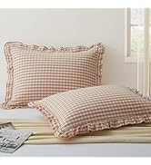 KKJIAF 2 Pcs Plaid Ruffle Pillow Case Standard Size, Washed Cotton Gingham Ruffled Euro Sham Pill...
