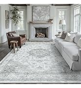 PureCozy Grey Gray Area Rug 8x10 Washable Vintage Carpet for Living Room Bedroom Large Soft Retro...