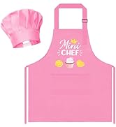 R HORSE Kid Apron and Chef Hat Set 2Pcs Adjustable Children Light Pink Kitchen Toddler Apron for ...