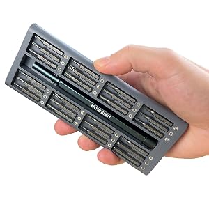 HowFixit aluminum case with magnetic holders securing all 48 screwdriver bits